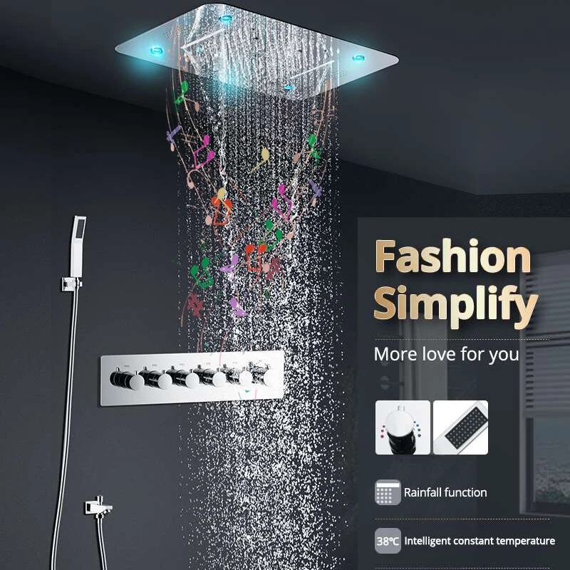

Luxury LED 4 Functions Shower Head Set Music column mist waterfall rain Thermostatic High flow diverter Valve