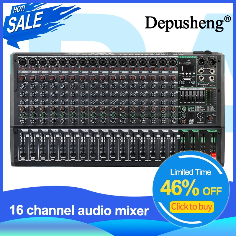 Купи Mixing Console Depusheng PA16 Professional DJ Audio Mixer Sound Board Desk System Interface 16 Channel Digital 99 Reverb Effect за 12,644 рублей в магазине AliExpress