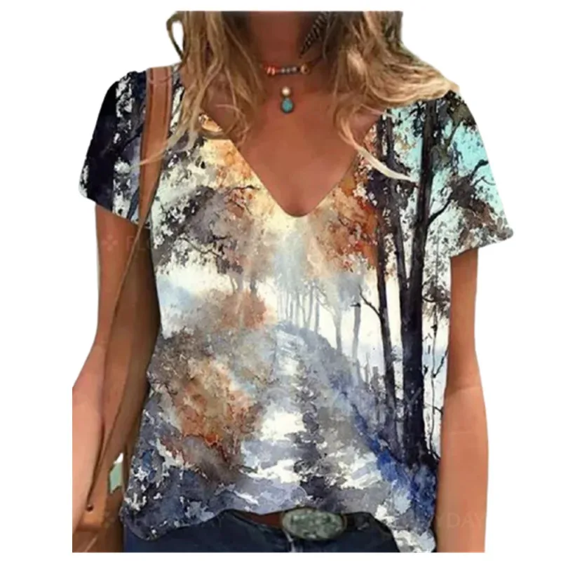 

Casual Floral Print T-shirt Women 2022 Summer V Neck Short Sleeve Cotton Clothes Plus Size 3XL Tops Streetwear Fashion