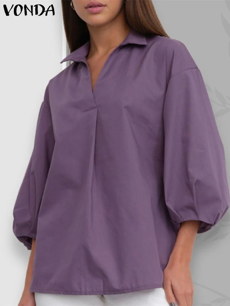 

Стильная летняя блузка VONDA 2023, женская рубашка с рукавом 3/4, Осенние повседневные однотонные элегантные топы OL, свободные блузки с лацканами, женские блузы