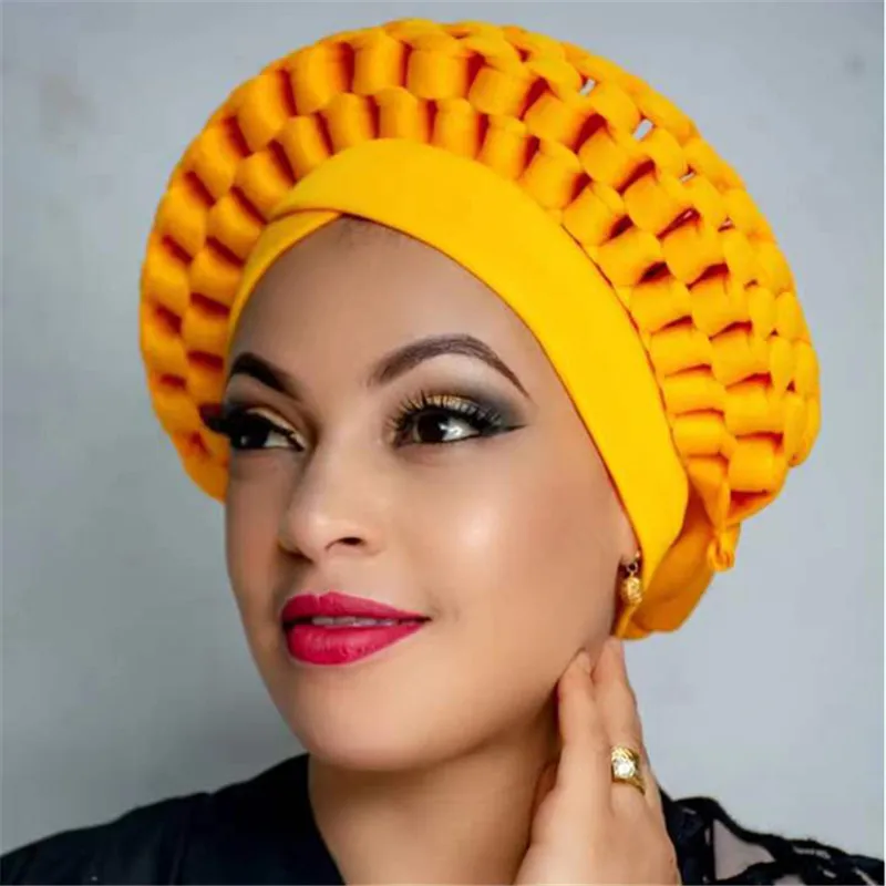 

New Design 2021 Auto Gele Headtie Turban Cap African Women Hats Nigerian Turban Gele Best Selling Auto Gele 2pcs Accessories