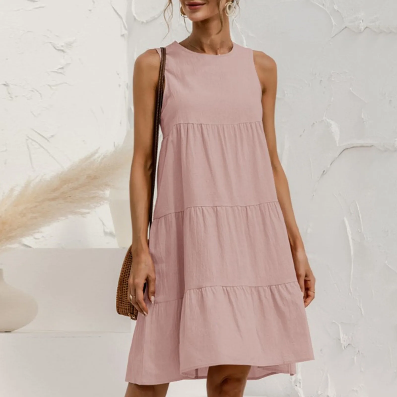 

Womens Casual Solid Sleeveless Sundress Round Neck A Line Pleated Mini Short T Shirt Dress Tunic Women