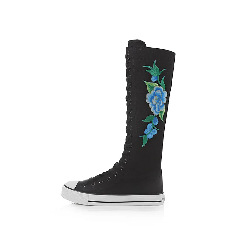 

Handmade Custom Embroidered Flower Lace Up Zipper Flats Canvas Long Barrel Comfortable Casual Shoes 35-43