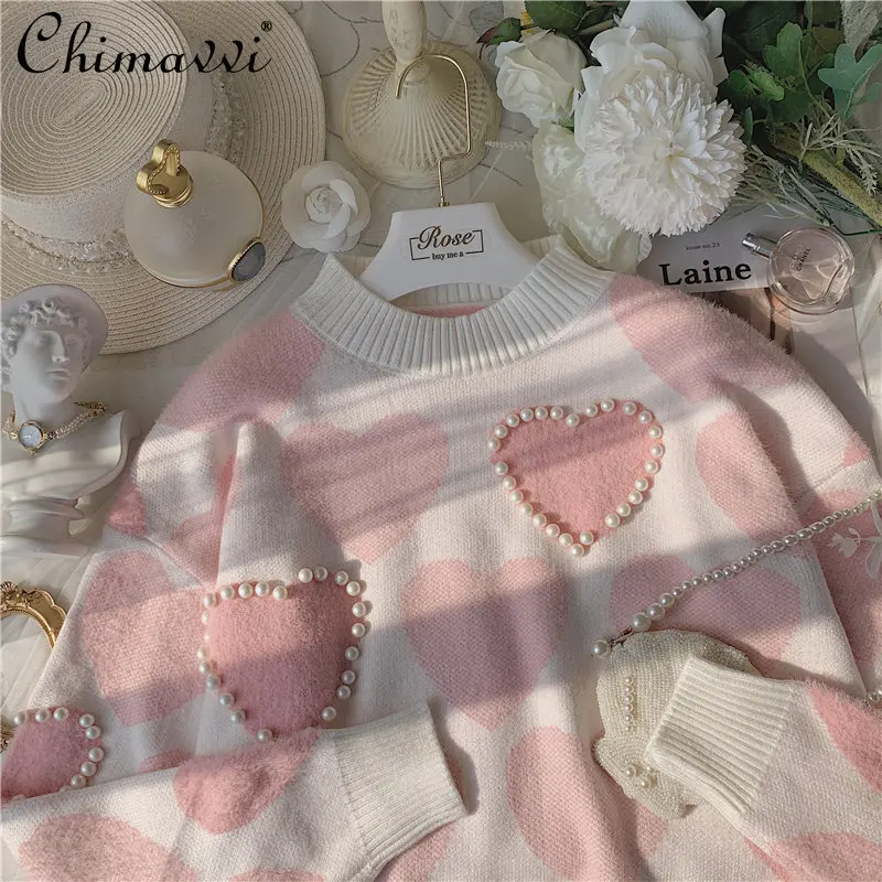

Fashion Sweet Pearl Heart Mohair Pink Knitted Top 2022 Autumn Winter New Round Neck Temperament Loose Pullover Feminine Sweater