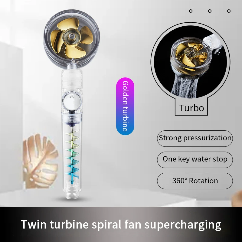 Shower Head Water Saving Flow 360 Degrees Rotating with Small Fan ABS Rainfall High Pressure Spray Nozzle Bathroom Accessories