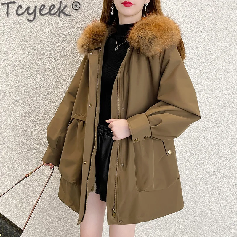 Tcyeek Fur Coat Ladies Winter Raccoon Fur Collar Coat Women Long Parka Jacket Rabbit Fur Liner Lady Outwear Warm Casaco Feminino