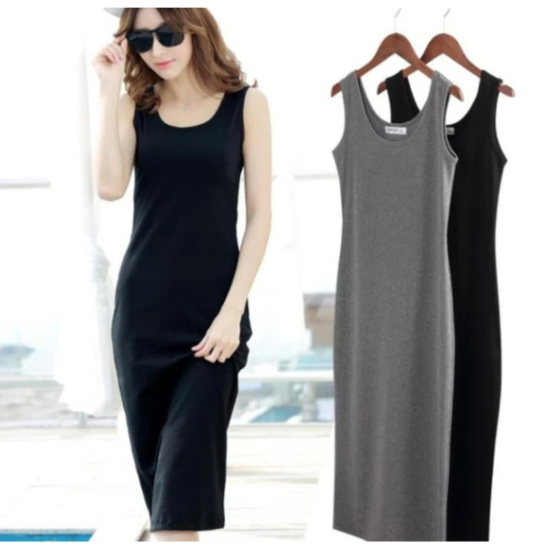 

2 Colors Sexy Sleeveless Slim Body-con Basic Dresses Tanks Vest ladies Dress Strap Solid Party Dress Summer