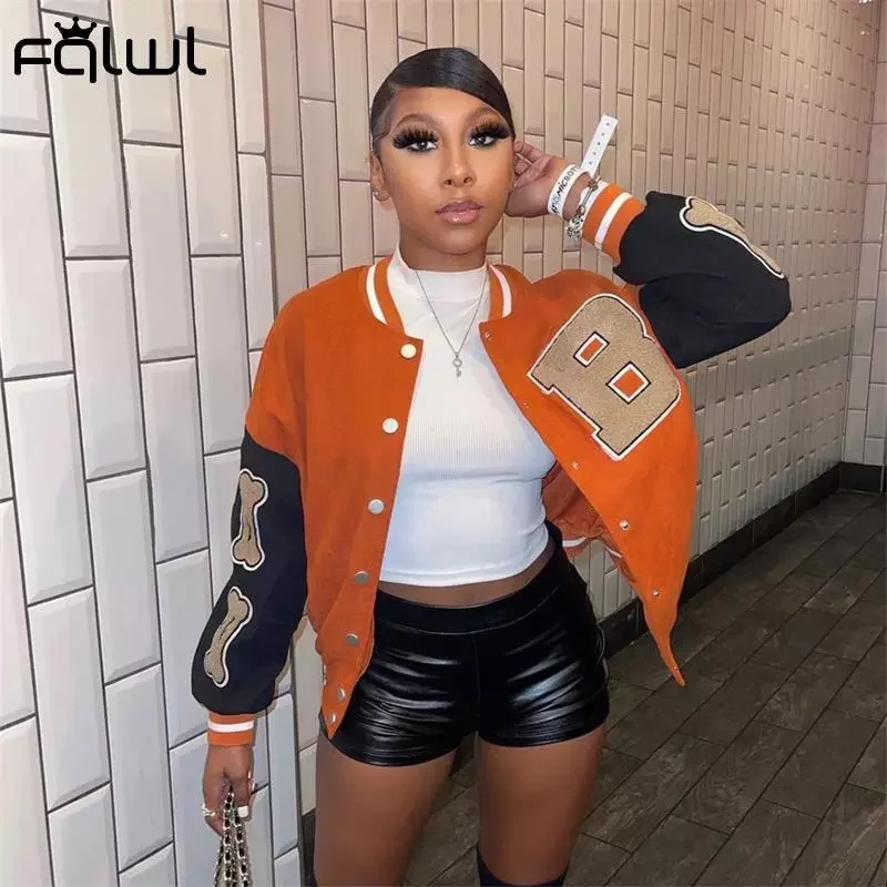 

FQLWL Winter Orange Baseball Fashion Jackets For Women 2021 Patchwork Button Print Top Jackets Coats Loose Varsity Bomber Jacket