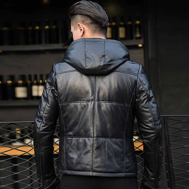 Мужской пуховик из натуральной кожи мужская короткая дубленка утепленный с