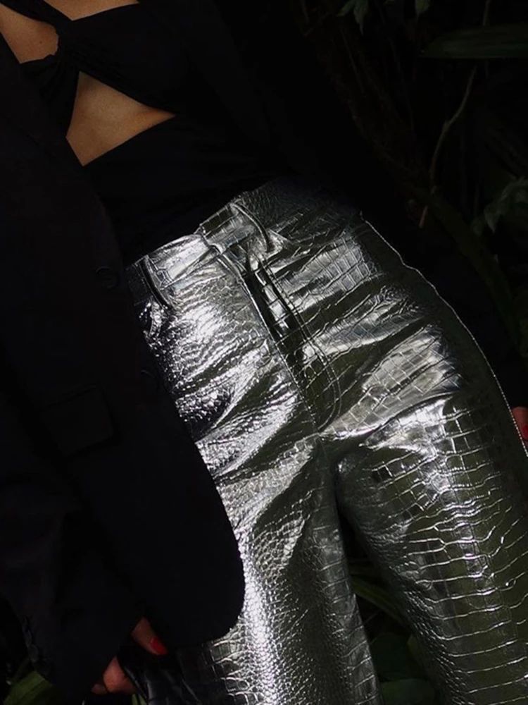 Женские прямые брюки на молнии DEAT серебристые хлопковые из искусственной кожи с