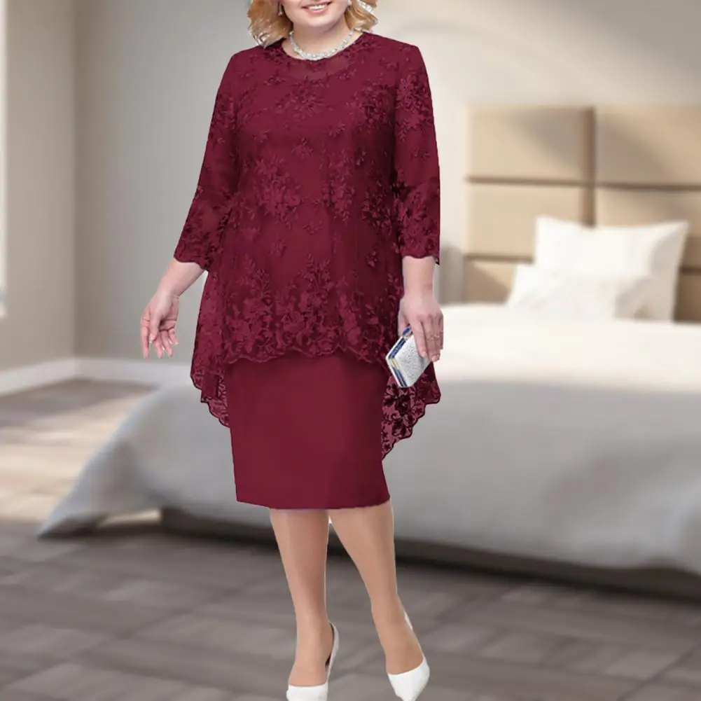 

Attractive Elegant Dress Slim Mid-Calf Solid Color Embroidery Lace 3/4 Sleeve Lady Evening Dress