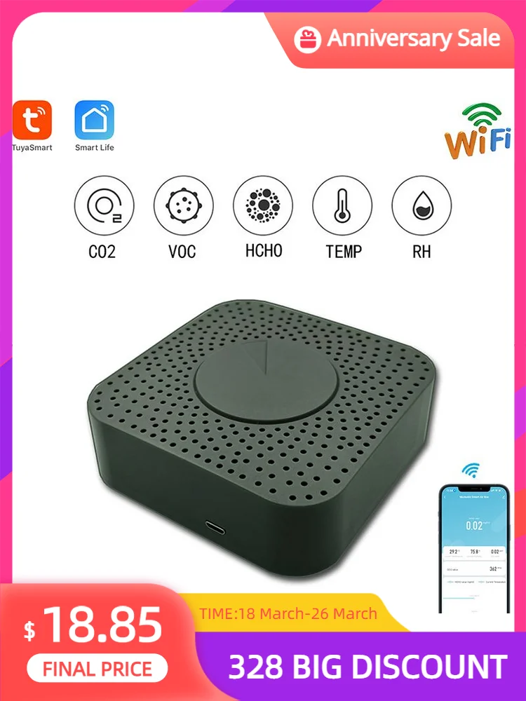 

Tuya умный WiFi детектор воздуха пять в одном, приложение беспроводной монитор Формальдегид/VOC/ CO2/Температура/Влажность туя управление связью