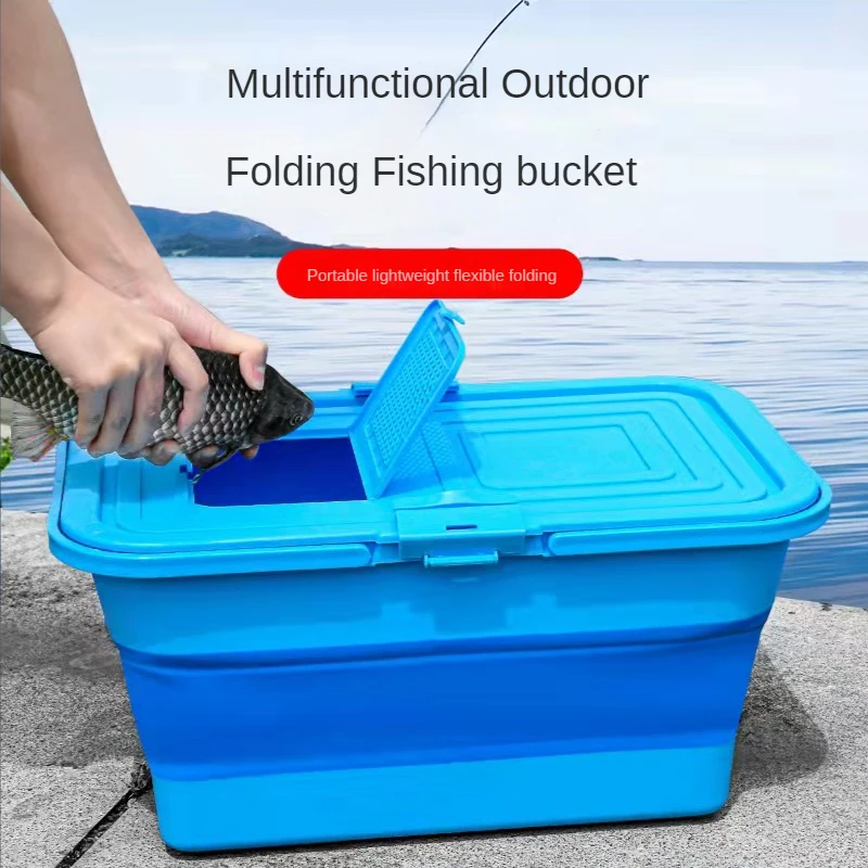 New folding bucket fishing barrel fish live fish multifunctional portable rectangular wild fishing box fishing gear with cover