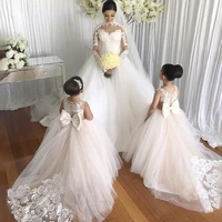 ivory lace applique flower girl dress 2022 illusion backless pearl beading kid communion dress long train tulle layers ball gown