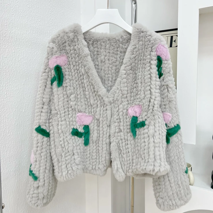 Women Real Fur Coat 100% Natural Rex Rabbit Fur Jacket Short Outerwear Loose Floral Knitted Fashion Slim Fur Early Winter