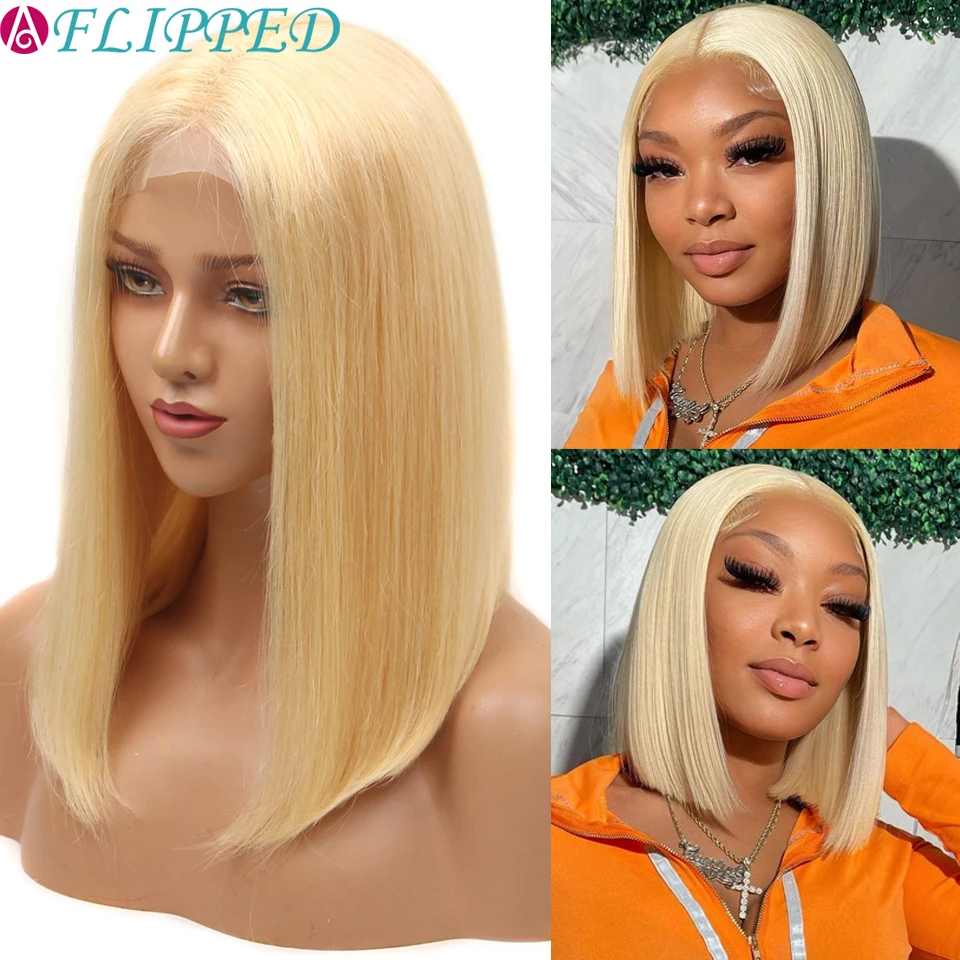 613 Blonde Color Short Bob Wigs Bone Straight Transparent Lace Wig Brazilian Human Hair Natural Hairline Preplucked Lace Wigs