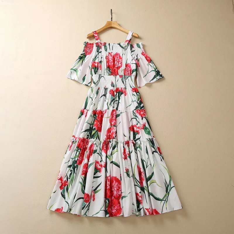 European and American women's clothes 2023 spring new Five-cent flared sleeve carnation print Fashion pleated dress