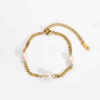 2022 stainless steel cuban chain freshwater pearl bracelet for women waterproof natural pearl bracelet hand jewelry
