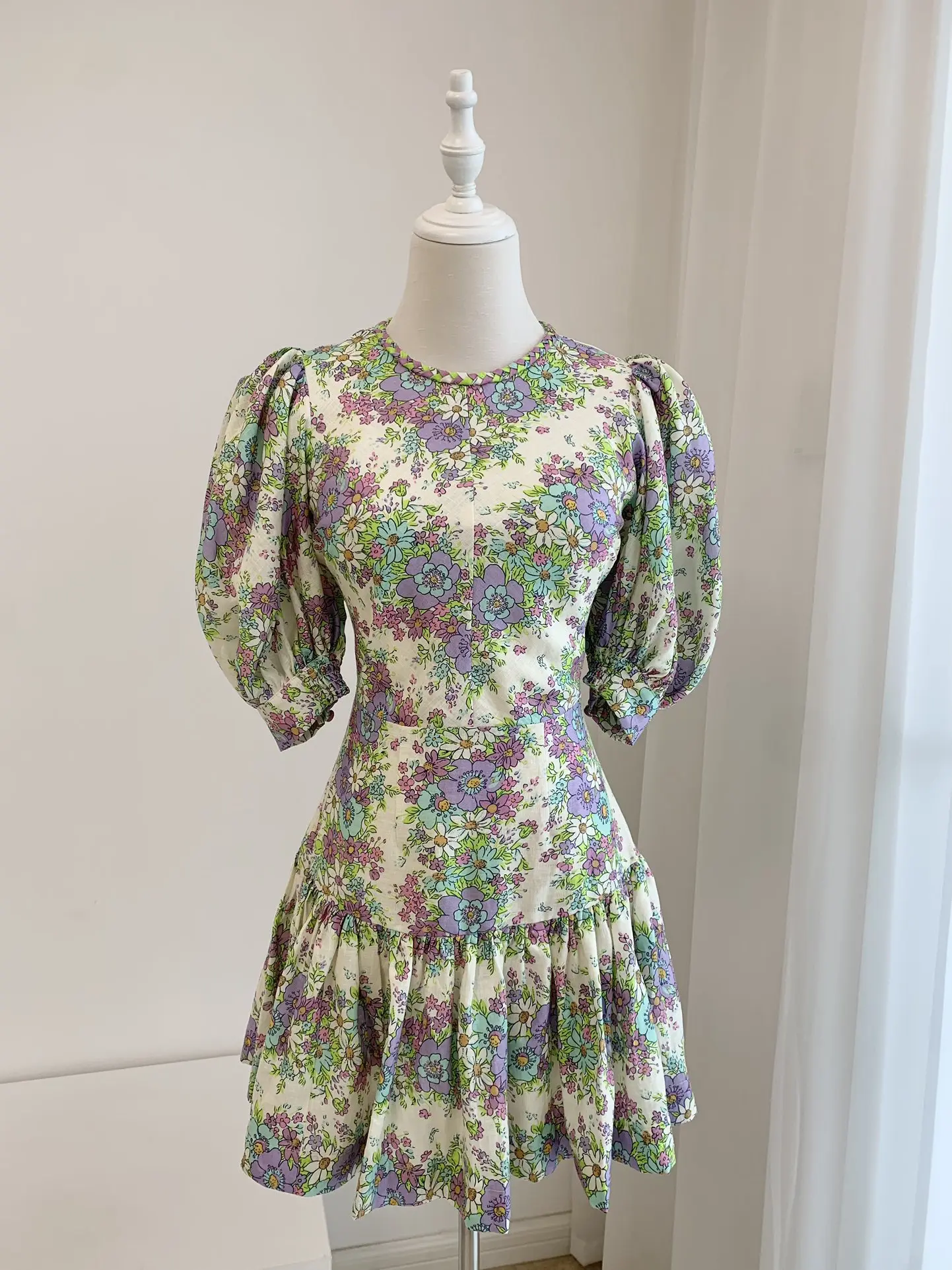 Women O Neck Short Lantern Sleeve Floral Print Linen Mini Dress