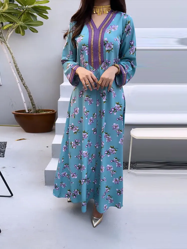 

Abaya Ramadan Beading Floral Print Jalabiya Women Muslim Arabic Long Dress Moroccan Ethnic Caftan Islamic Dubai Saudi Kaftan