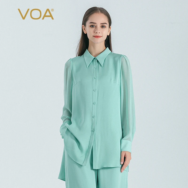 

VOA Mint Green 40 Momme Heavyweight Silk Polo Collar Tops Women Long Sleeve Single Breasted Silk Shirt Autumn 2022 New In BE1270