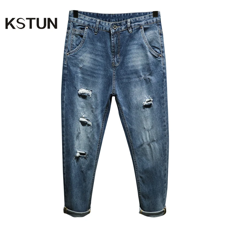 

Mens Baggy Ripped Jeans Denim Harem Pants Distressed Hip Hop Loose Fit Elastic Blue Destroyed Frayed Men Trousers Korean Style