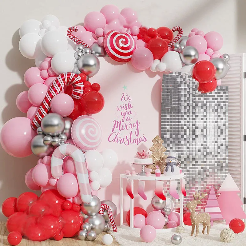 

137Pcs Christmas Balloon Garland Arch Kit Pink white Red Balloons Candy Cane Lollipop Foil Balloon for Christmas New Year Xmas