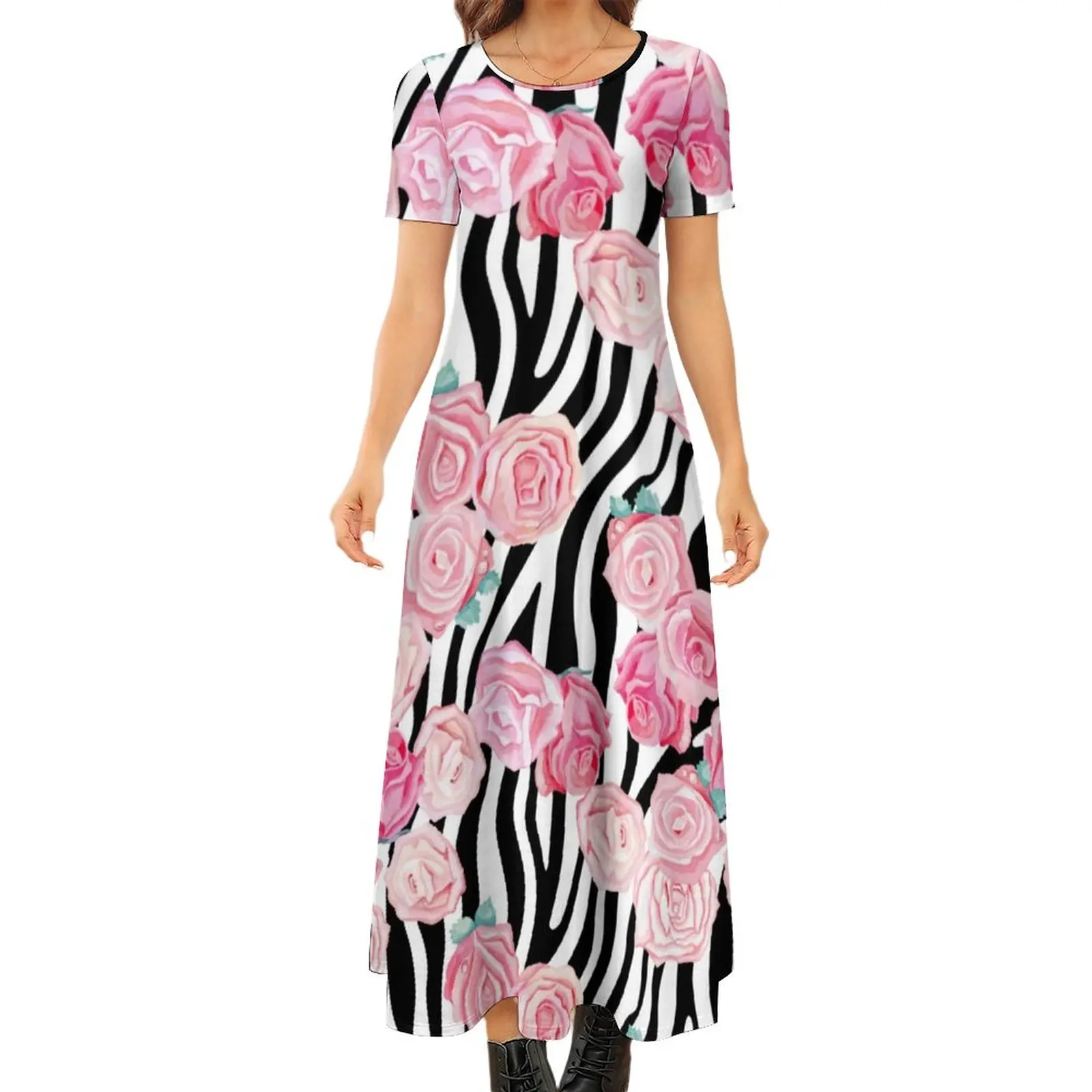 

Zebra Print Dress Pink Roses Modern Maxi Dress Short Sleeve Street Wear Boho Beach Long Dresses Ladies Graphic Oversize Vestido