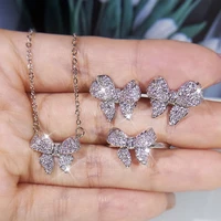 2022 new fashion four bows jewelry set for women silver plate full diamond zircon necklack ring earring engagement wedding gift