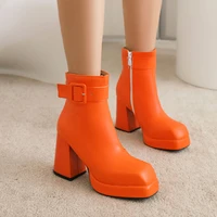plus size square head super thick heel belt buckle chelsea boots waterproof platform plush inner new womens ankle boots