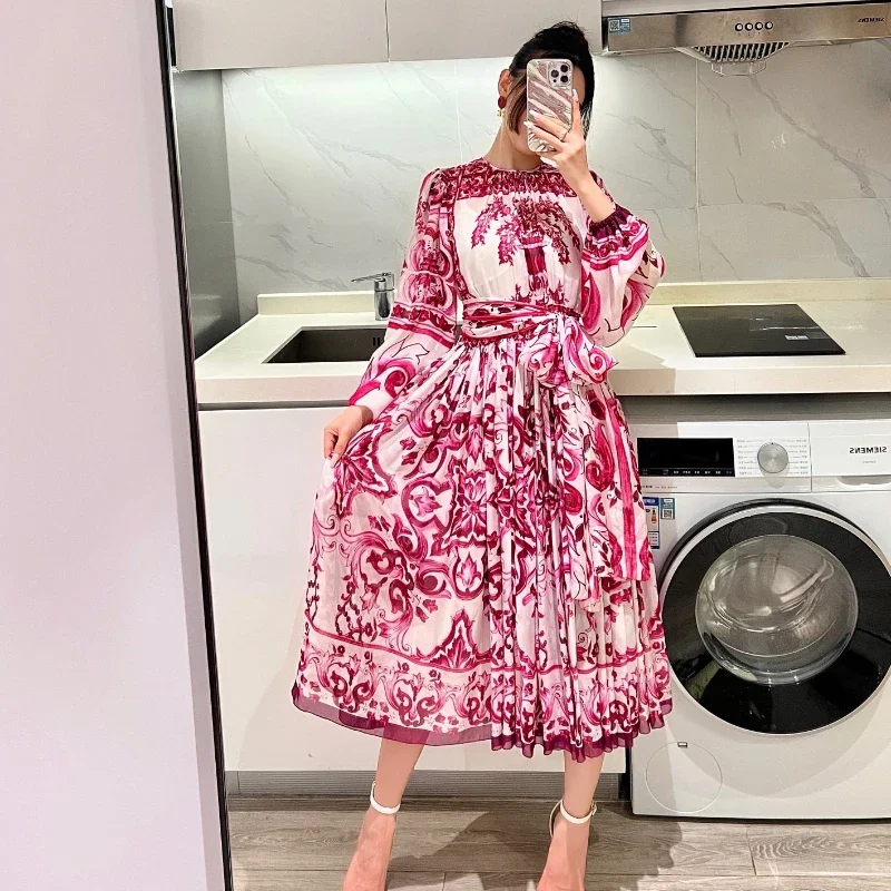 

Платье-миди женское шелковое Плиссированное с круглым вырезом и длинным рукавом