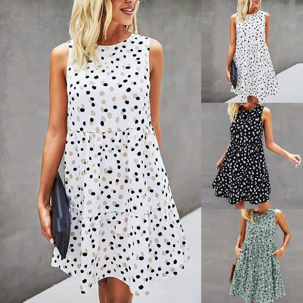 

Trendy Women Sundress Streetwear Dress O Neck Dots Print Large Hem Knee-length Dress Comfy