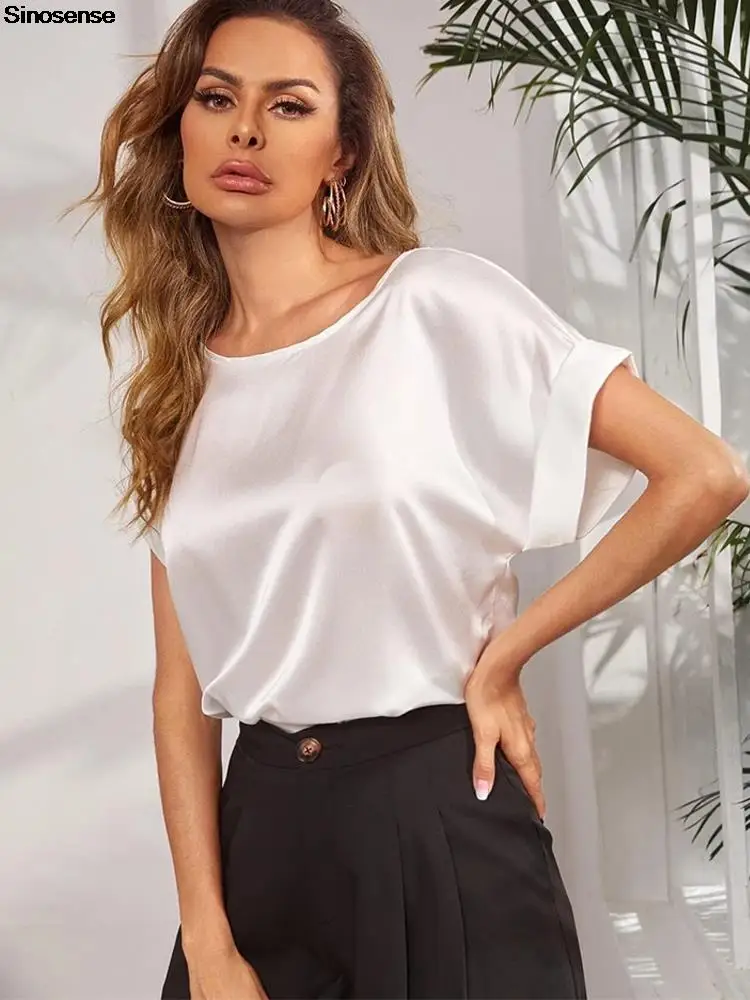 

Женские рубашки в рулоне с коротким рукавом и круглым вырезом, элегантная Рабочая туника, топы, повседневные летние свободные базовые футбо...