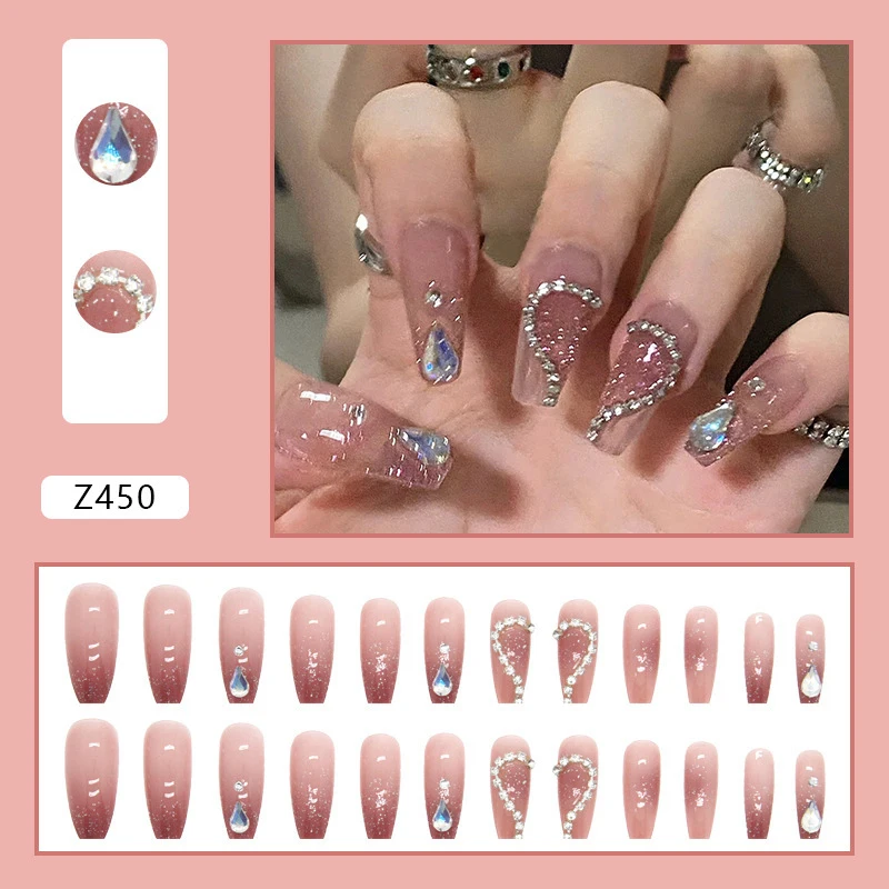 

24Pcs Long Pink Glitter Fake Nails Coffin Square Ballet False Nails Press On Nails Rhinestone Droplet Chain Design Wearable Nail