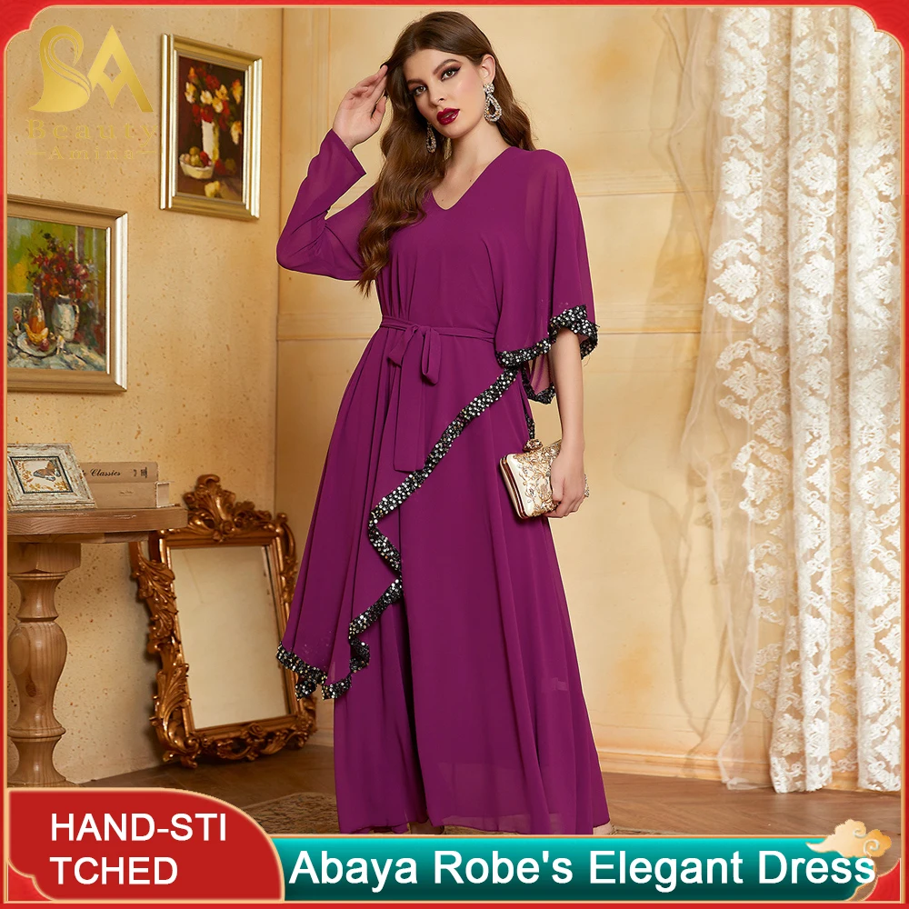 Abaya Robe's New Rose Purple Double-layer Chiffon Sequins Irregularly Slim Party Long Dress Temperament Skirt Holiday Dress Robe