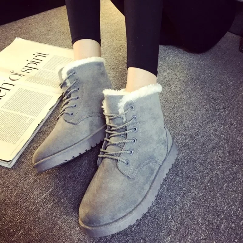 

NEW IN Women Winter Snow Boots Warm Flat Platform Lace Up Ladies Women's Shoes New Flock Fur Suede Ankle Boots Female