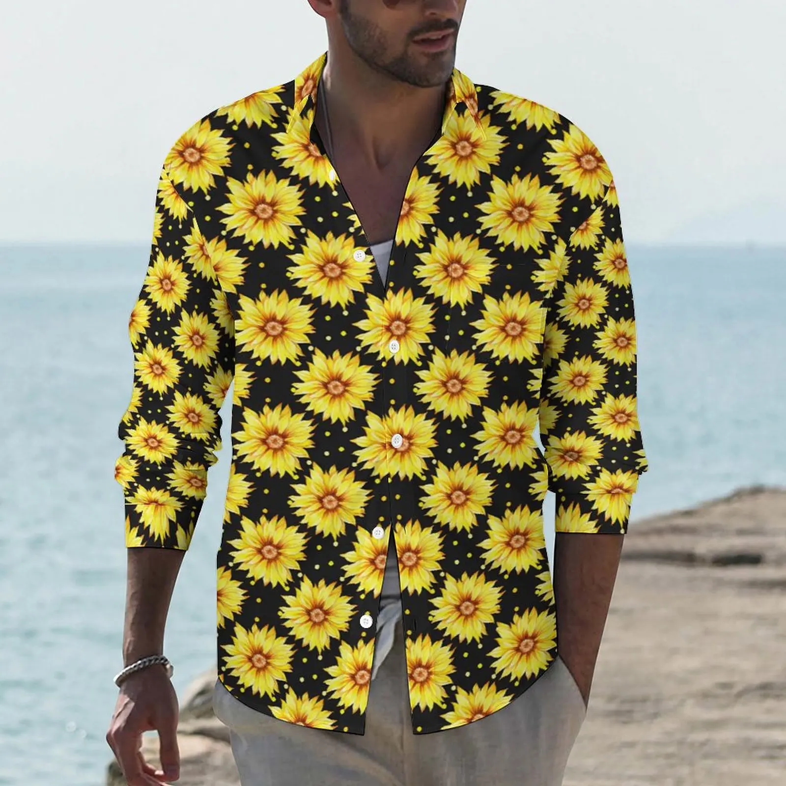 

Sunflower Shirt Autumn Flowers Print Casual Shirts Men Novelty Blouses Long Sleeve Design Y2K Tops Plus Size