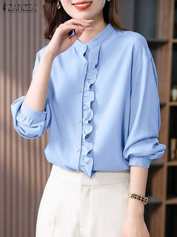 

Vintage Women Long Sleeve Ruffles Blouse Autumn Casual Elegant Shirt ZANZEA Fashion Solid Buttons Down Party Blusas Work Tops