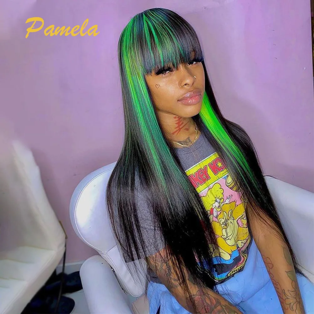

Highlight Ombre Green Human Hair Wigs Brazilian 1b/Green Straight With Bangs 150% Density Full Machine Wigs For Women