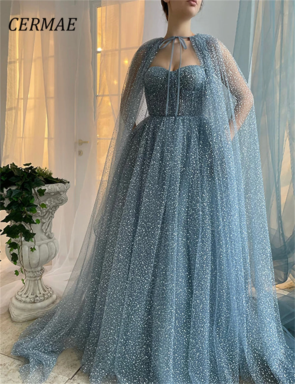 

CERMAE Sequins Shawl Strapless Long Chiffon Elegant Evening Gown Prom Blue Party Formal Dresses for Women 2023