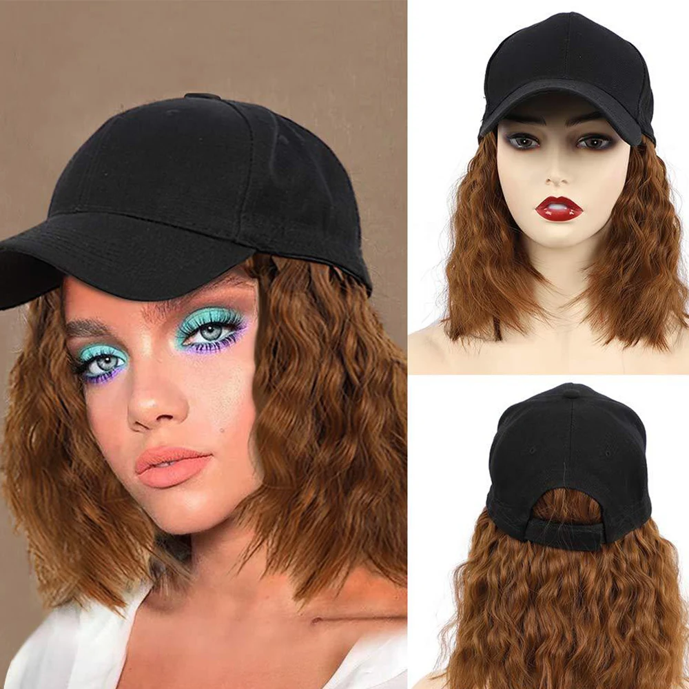 Adjustable Short Wavy Bob Hat Sythetic Wig For Women Hair Extensions Baseball Cap  High Temperature Fiber Water Wave Wig