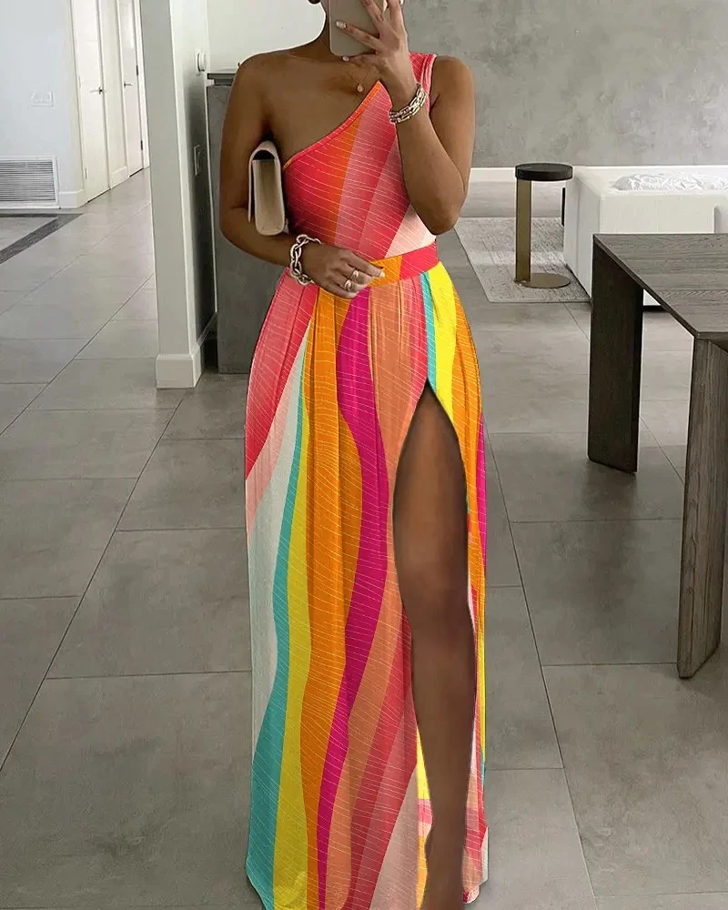 Women Colorblock One Shoulder Dress Summer Sexy High Slit Maxi Dress