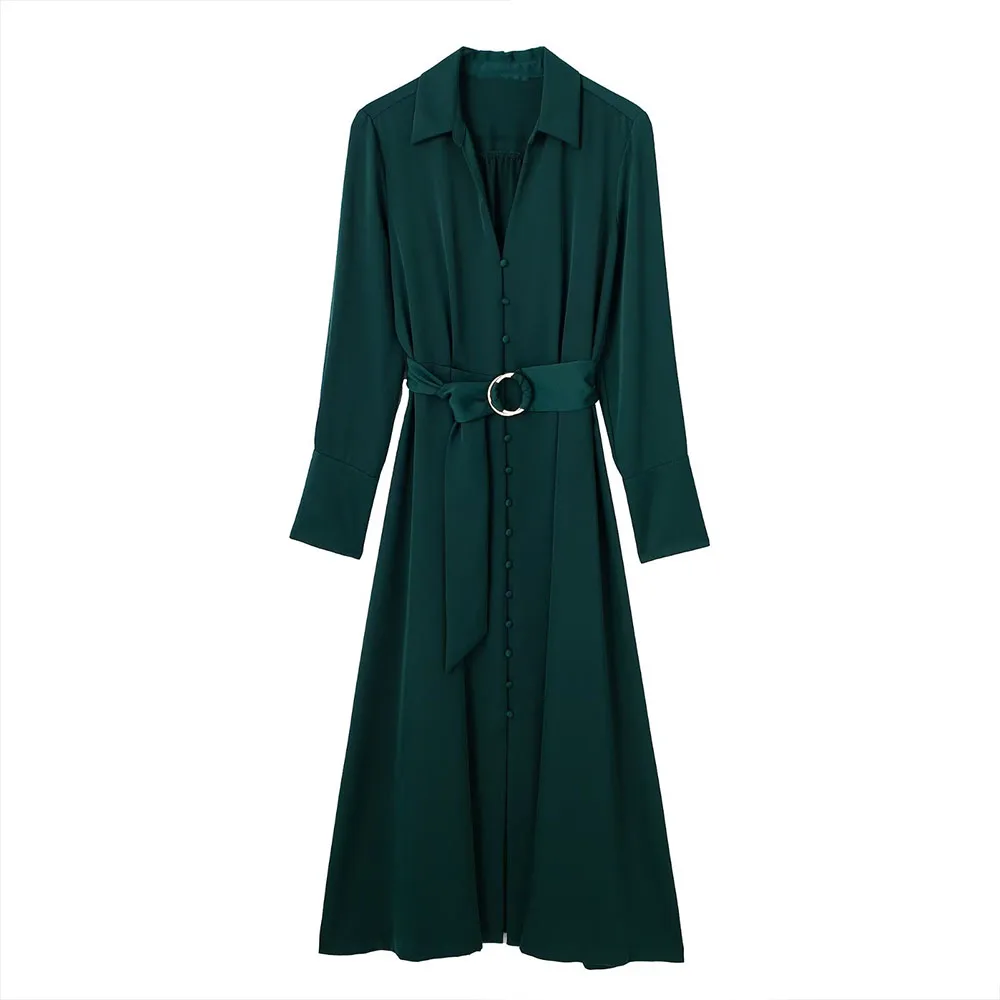 

Autumn and Winter New Fashion Women's Temperament Casual Lapel Long Sleeve with Belt Shirt Midi Dress