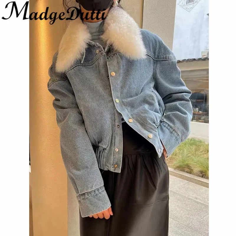 

11,21 г., MadgeDutti, сохраняющая тепло, Овечья шерстяная джинсовая куртка со съемным воротником, женская верхняя одежда