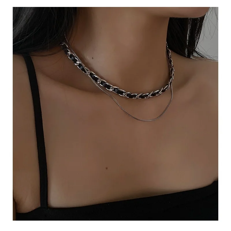 

2022 Fashion two layer Leather Clavicle Chain Necklace Vintage Summer Woman Necklace Luxury Jewelry