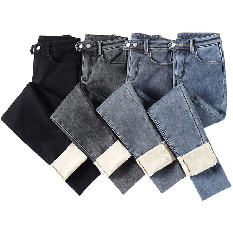 

Новинка Весна 2022 женские узкие эластичные утолщенные теплые джинсовые брюки с высокой талией и двумя пуговицами