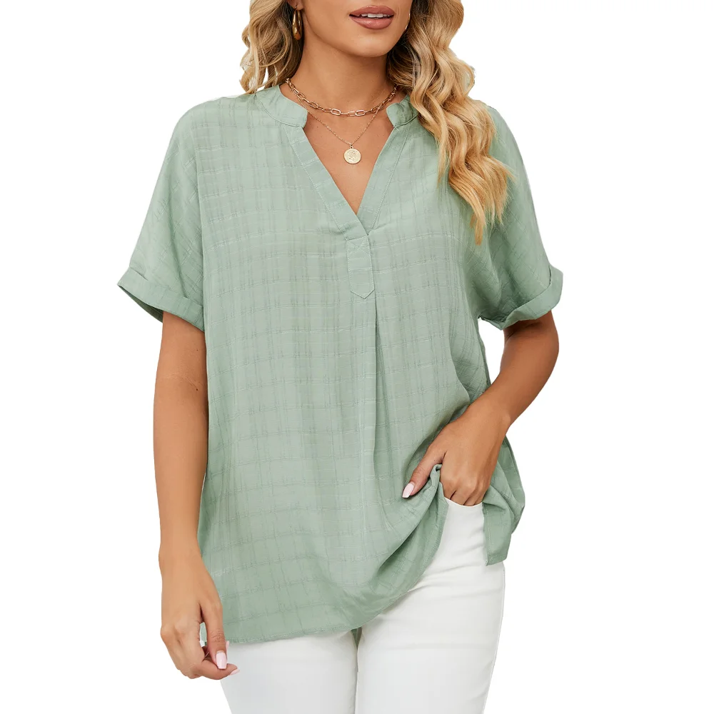 

Summer New Women's Thin V-Neck Casual Pullover Solid Color Loose Commuter Ladies' Shirt Comfortable Casual Women's Top