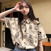 houzhou vintage anime shirt girls summer short sleeve kawaii harajuku korean fashion blouse women oversize button up cardigan