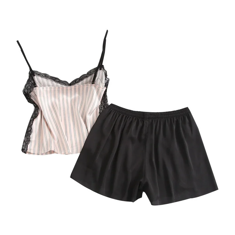 Women's Sleepwear 2 Pcs Sets Tops+Shorts Sexy Lace Satin Striped Sleeveless V-neck Cozy Soft Pyjama Sets