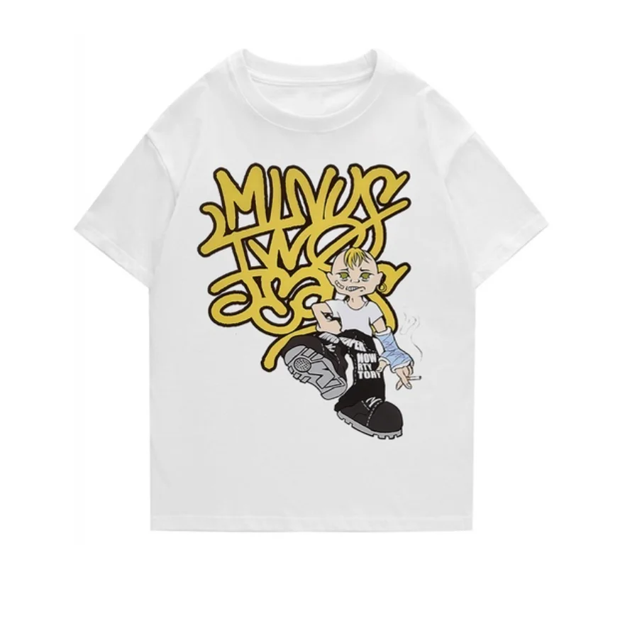 

Y2K Retro Street Trend Hiphop T shirt 2023 New Fashion Minus Two White Harajuku Print Loose Overalls Joggers Men graffiti